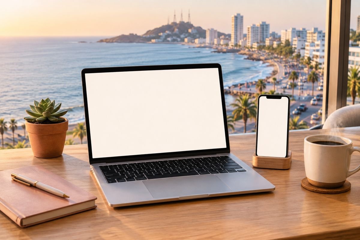 Sitio de Ancla Web mostrado en una laptop y un celular, con vista al mar de Mazatlán